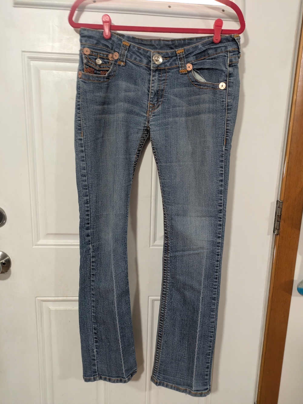 True Religion Medium Blue Flared Jeans with Contrast Stitching